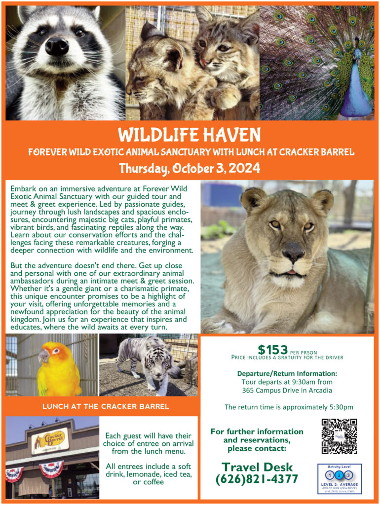 Arcadia Travelers Wildlife Haven tour flyer showing a sweet raccoon, some large cats, and a yellow bird 