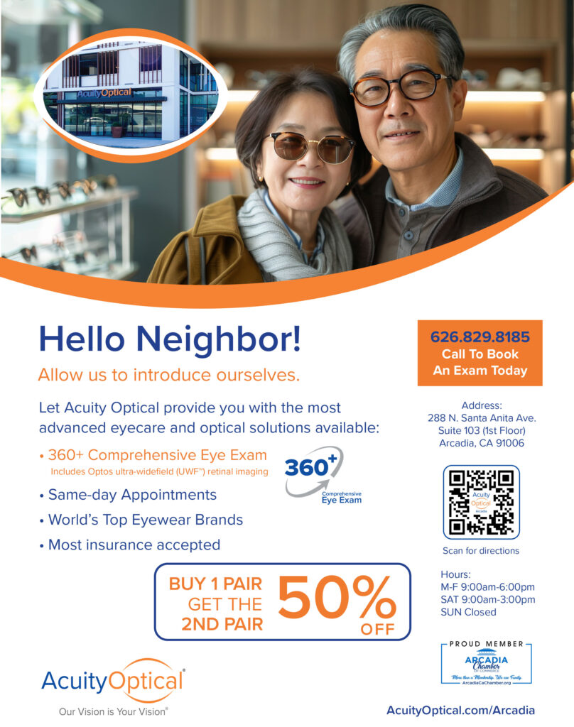 Acuity Optical hello neighbor flyer for buy one get one 50% deal showing a couple in an eyeglass store 