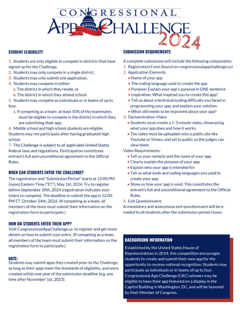 application information and FAQs for the Congressional App Challenge of 2024