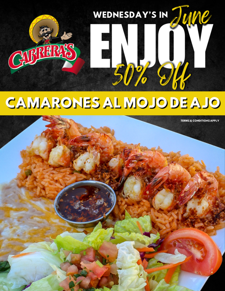 50% off flyer from Cabera's showing a platter of shrimp, rice and beans