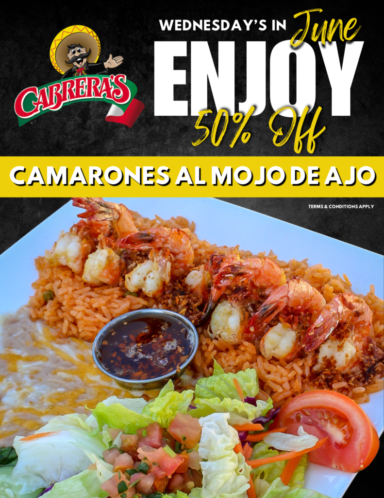 50% off flyer from Cabera's showing a platter of shrimp, rice and beans 