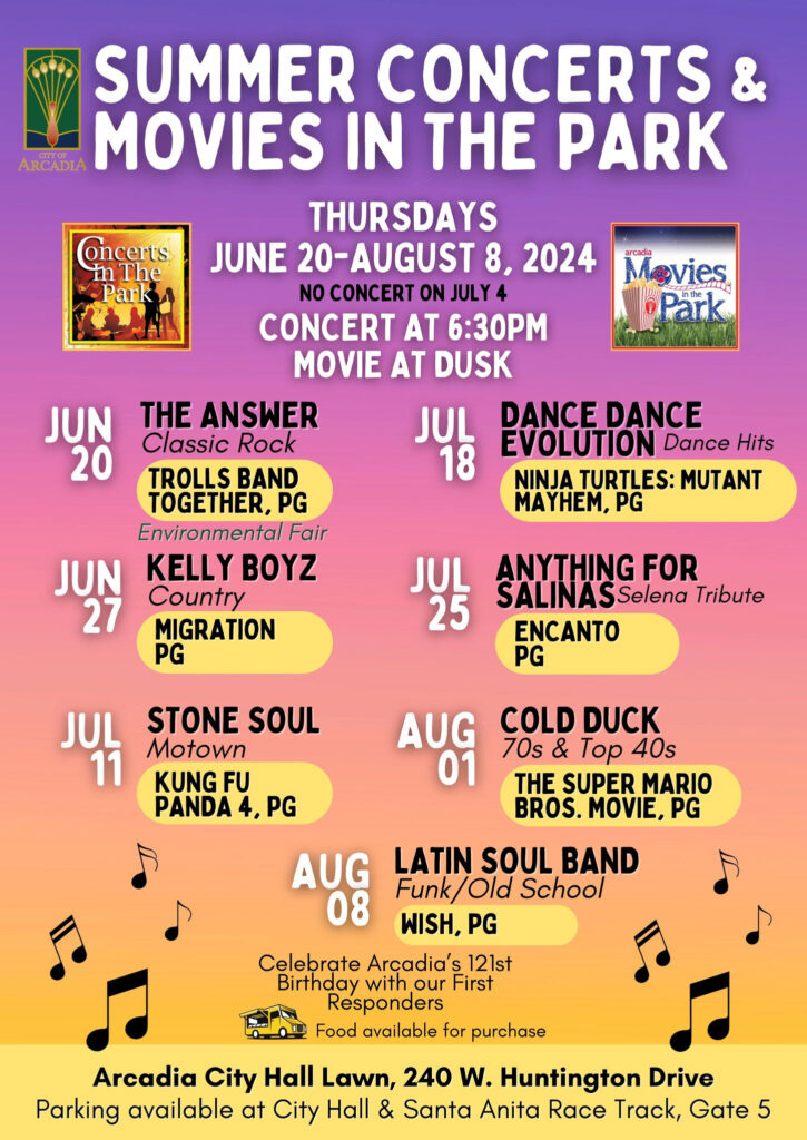 the City of Arcadia's concerts and movies in the park listing showing names of bands and movies with their respective dates 