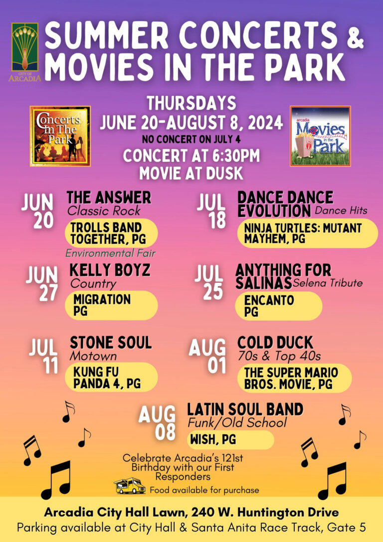 the City of Arcadia's concerts and movies in the park listing showing names of bands and movies with their respective dates