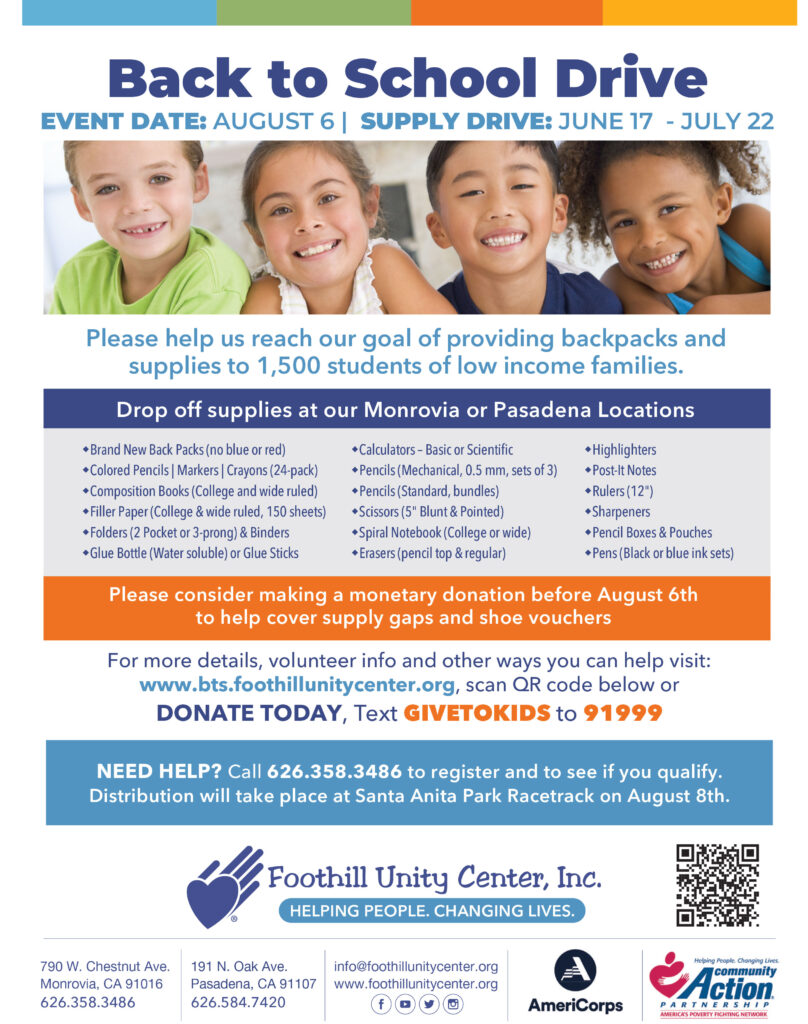 Foothill Unity Center back to school drive information with a banner of children with smiling faces 