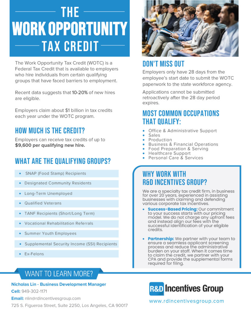 R&D Incentives Group work opportunity tax credit information 