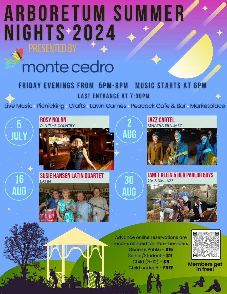 Arboretum summer nights concert series flyer with dates and musical guests listed 