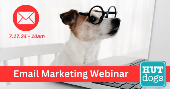 HUTdogs banner showing small white and brown dog in glasses