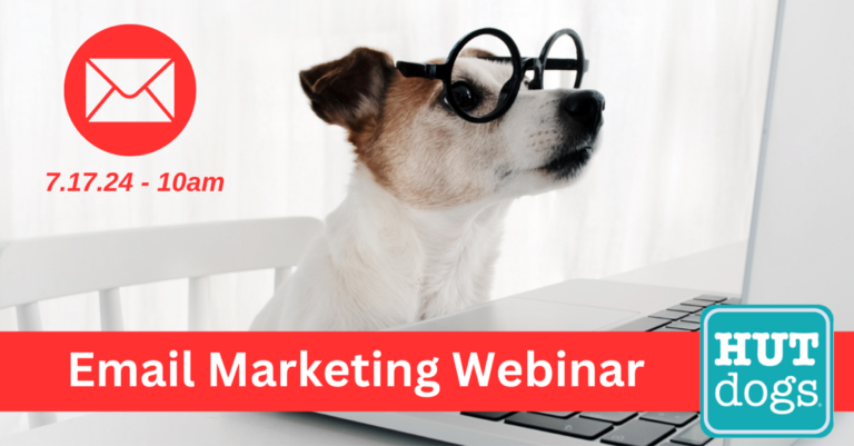 HUTdogs banner showing small white and brown dog in glasses