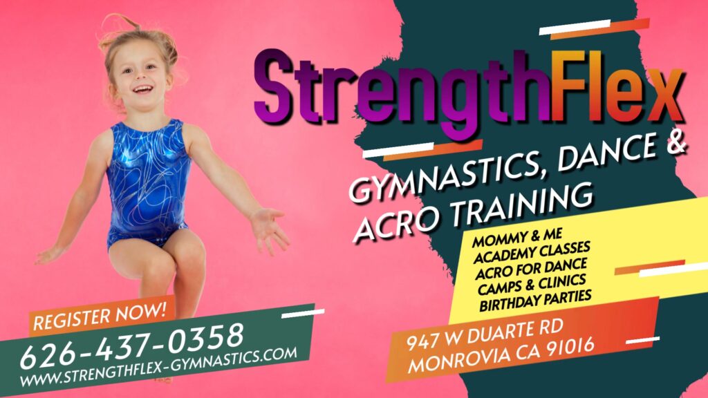 Strengthflex Gymnastics and acro training flyer showing a little girl wearing a blue one piece suit jumping in the air 