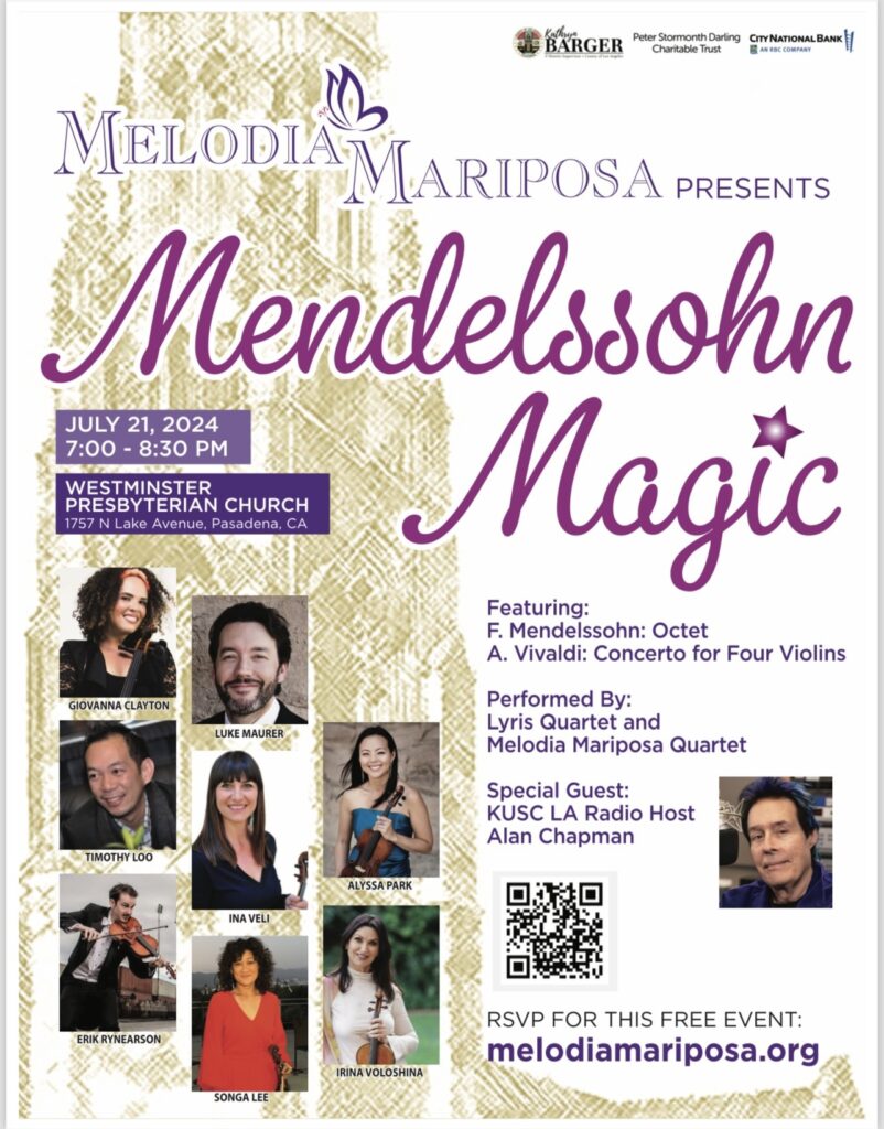 Melodia Mariposa presents Mendelssohn Magic concert on July 21st