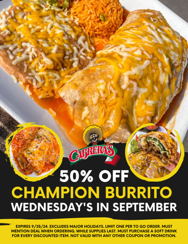 Cabrera's Mexican Cuisine champion burrito promo for September