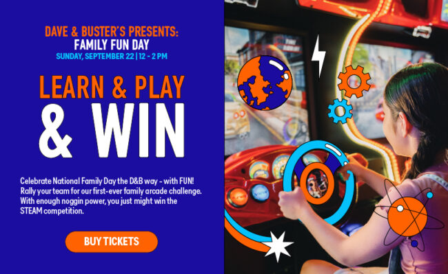 Dave & Buster's family night banner with kids playing car racing video games