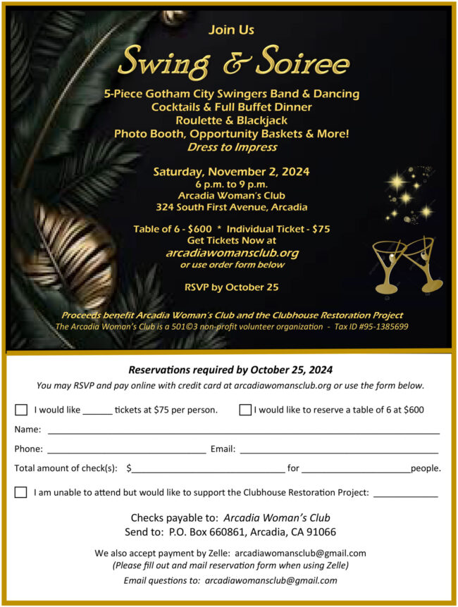 Arcadia Woman's Club Swinging Soiree flyer and RSVP sheet