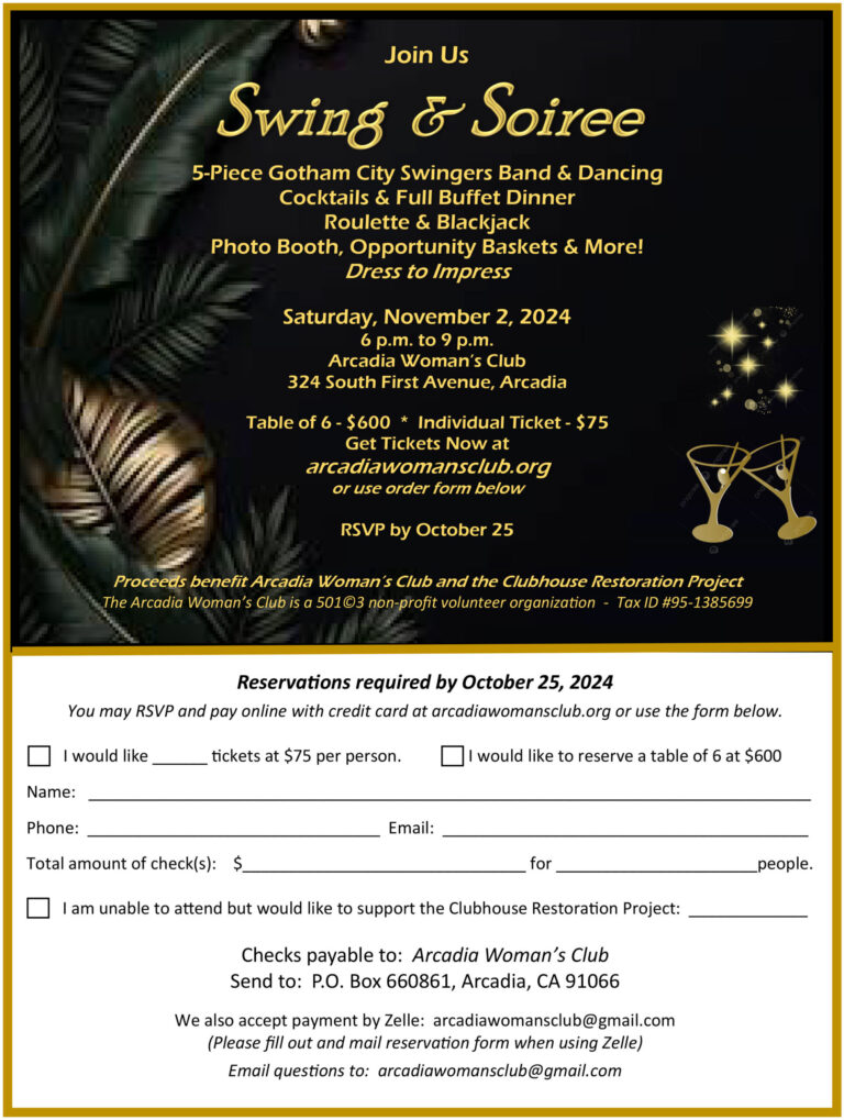 Arcadia Woman's Club Swinging Soiree flyer and RSVP sheet