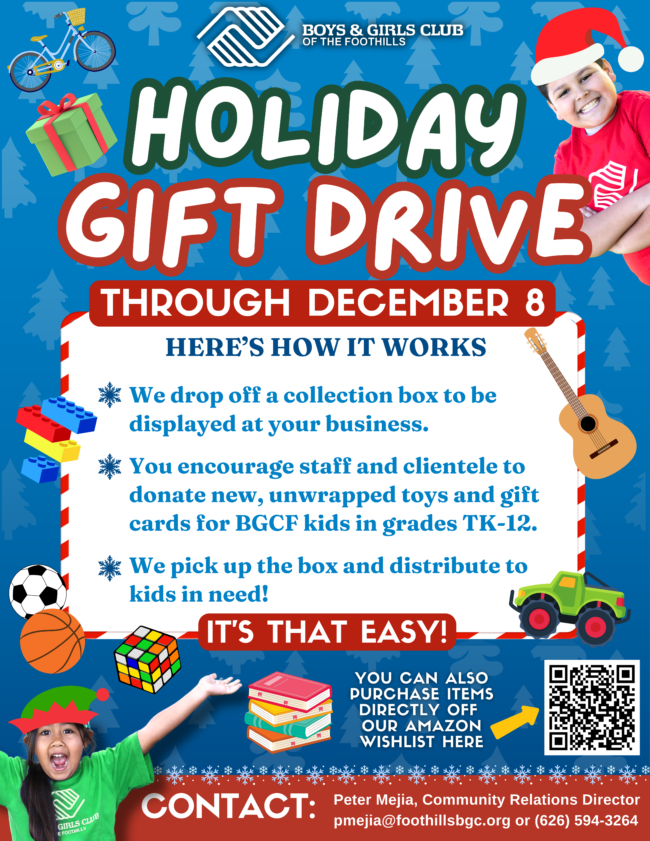 2024 – BGCF Holiday Gift Drive Flyer (1) holiday gift drive for Boys & Girls Club of the Foothills through December 8