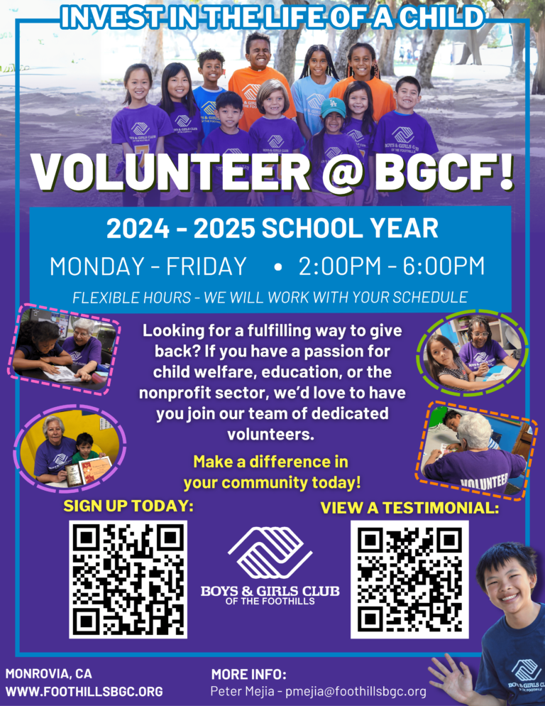 invest in the life of a child with volunteering at Boys and Girls Club of the Foothills