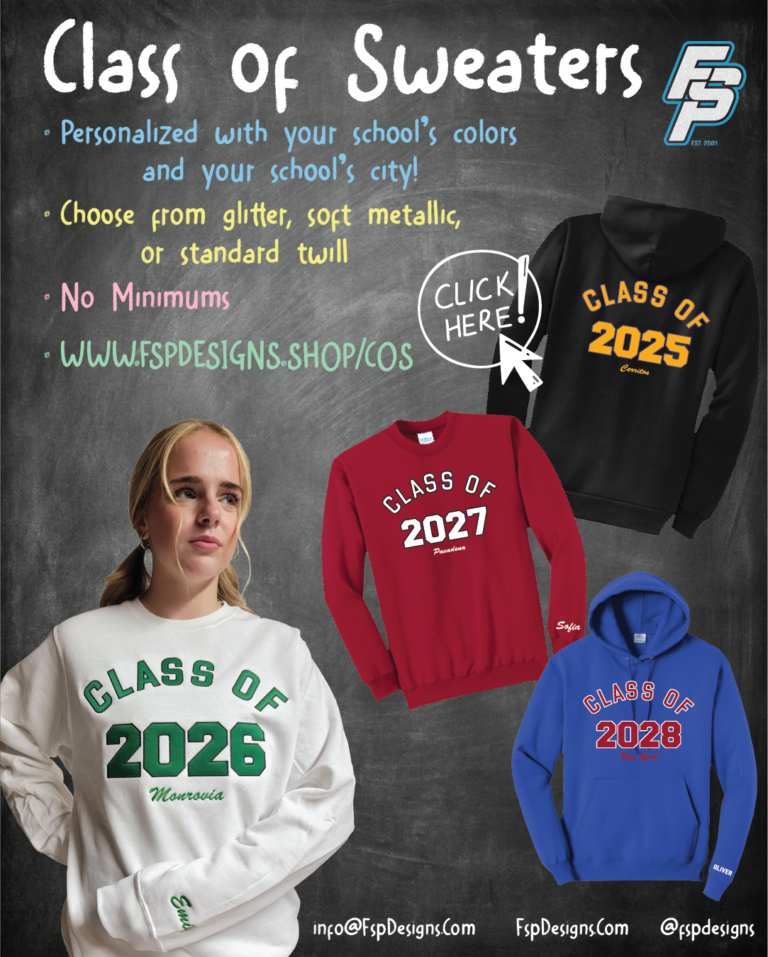 class sweaters order flyer from FSP with young woman in a 2026 sweatshirt