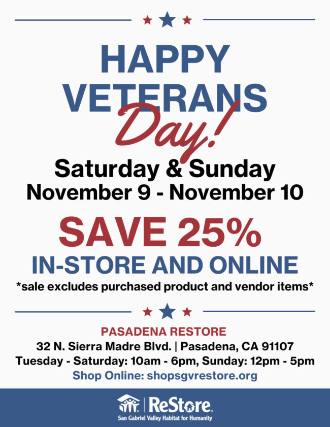veterans day sale with San Gabriel Valley Habitat for Humanity Pasadena ReStore