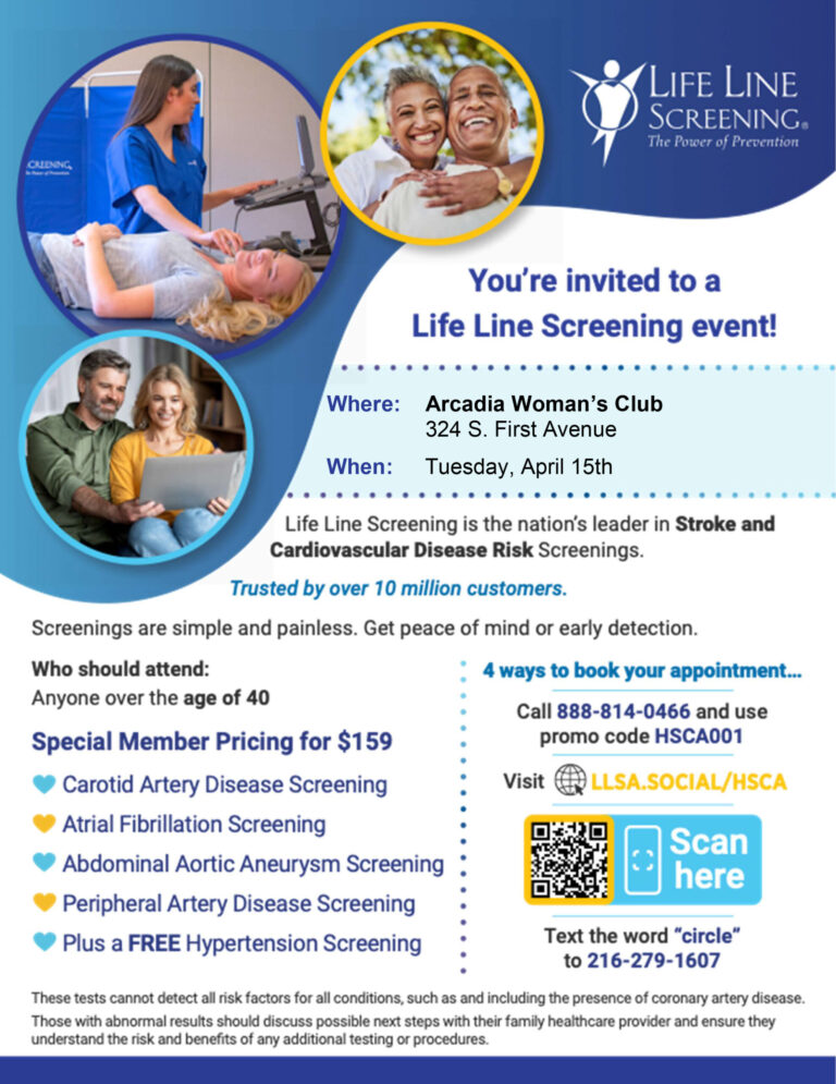 life line screenings at the Arcadia Woman's Club flyer for April 15