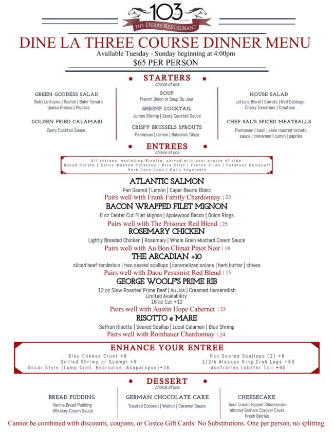 The Derby Dine LA Menu 1 the Derby DINE LA 3 course meal menu