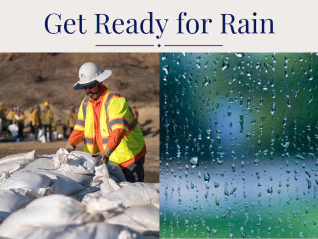 get ready for rain with a man in yellow vest preparing sandbags