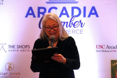 a woman in a black dress with long gray hair speaking into a microphone while holding a speech