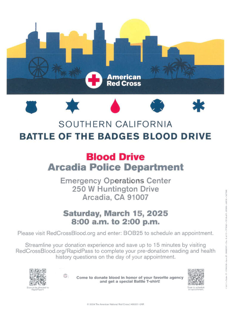 City of Arcadia Police Department Battle of the Badges Blood Drive flyer