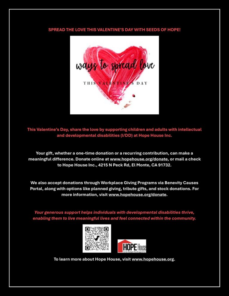 ways to spread love flyer from Hope House for the Multi-Handicapped