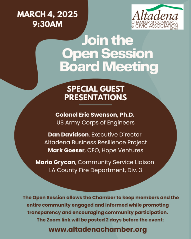 Altadena Chamber open session board meeting flyer