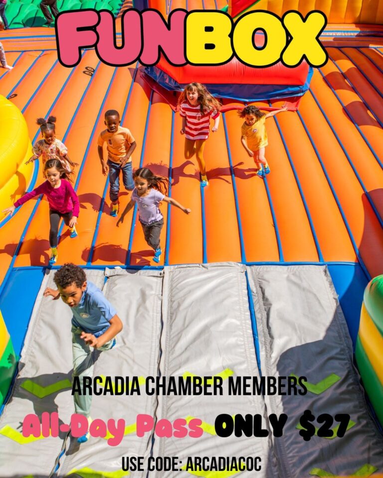 Arcadia Funbox pop up flyer with Arcadia Chamber membership discount code