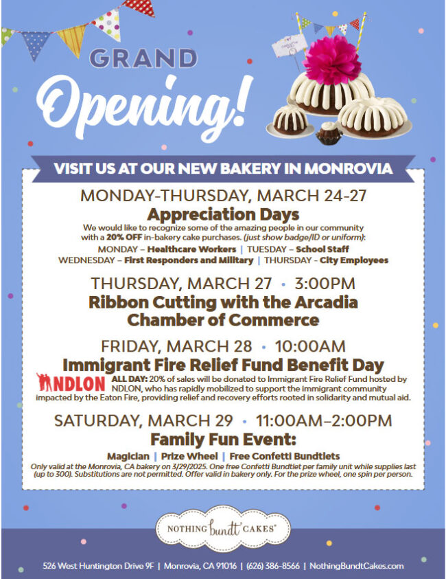 grand opening information for Nothing Bundt Cakes in Monrovia