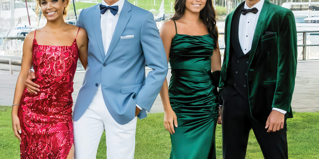 Friar Tux prom 2025 flyer featuring two teen girls with two teen boys in prom attire standing on green grass