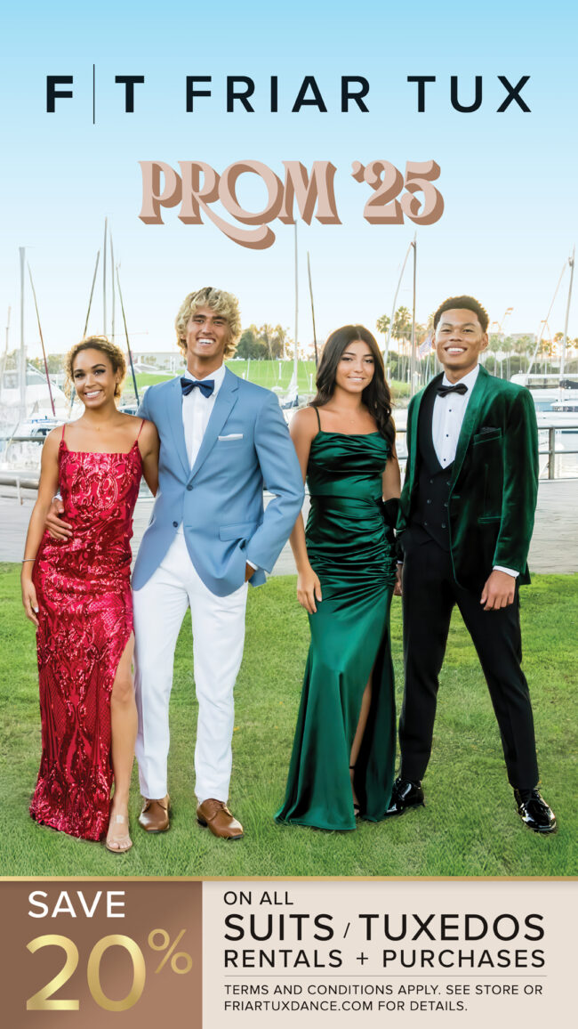 Friar Tux prom 2025 flyer featuring two teen girls with two teen boys in prom attire standing on green grass