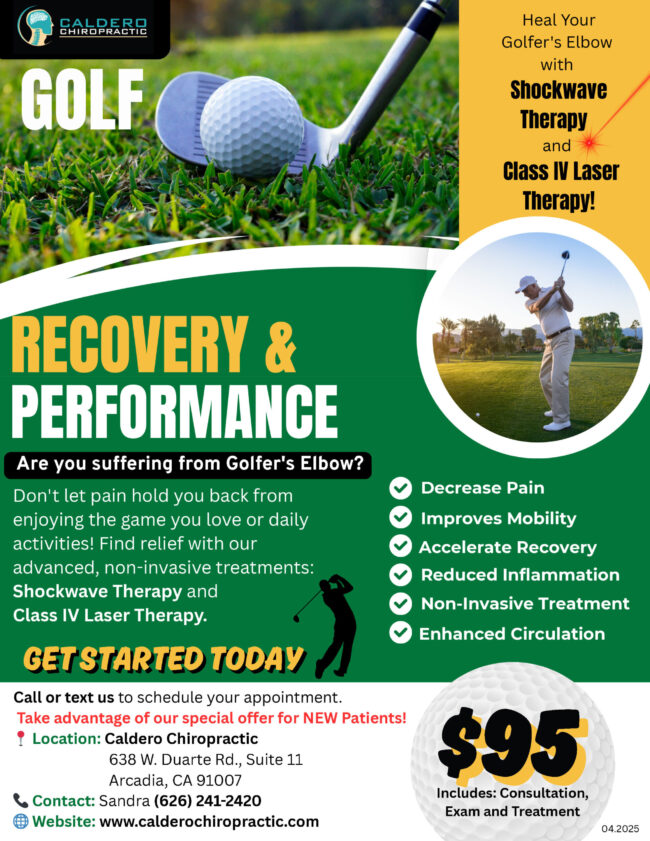 recover from Golf Elbow and improve your performance flyer from Caldero Chiropractic