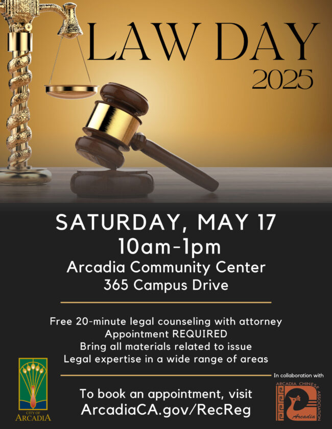Law-Day-2025—Combined-2 City of Arcadia Law Day flyer with gavel and scales of justice