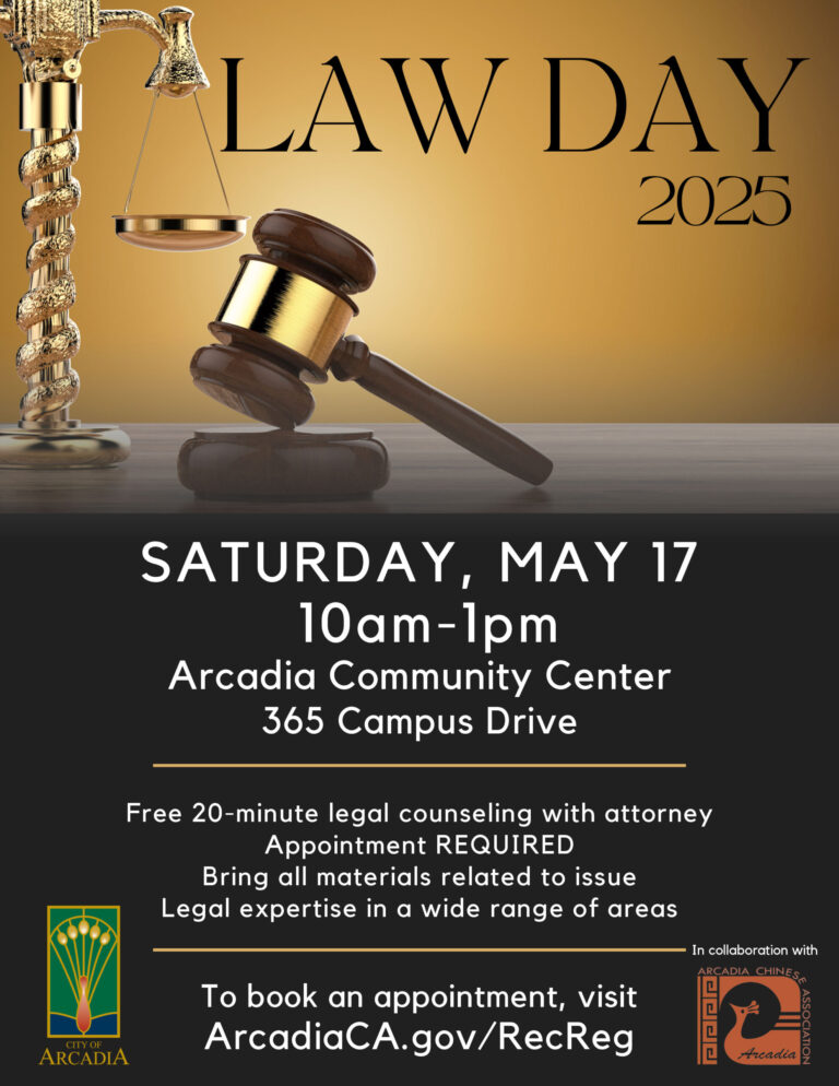 City of Arcadia Law Day flyer with gavel and scales of justice