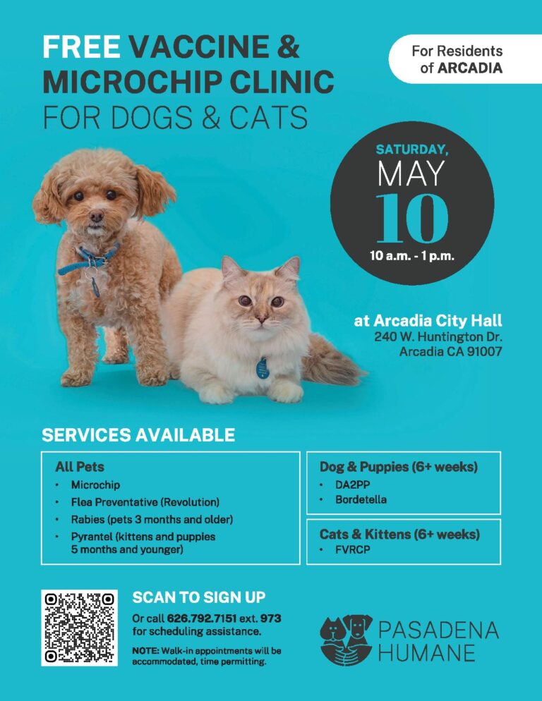 pet vaccination and microchip clinic at Pasadena Humane on May 10