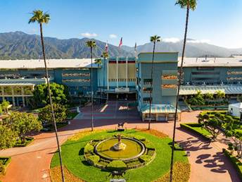 an overhead view of the Santa Anita Park victory fountain with the San Gabriel Mountains in the background