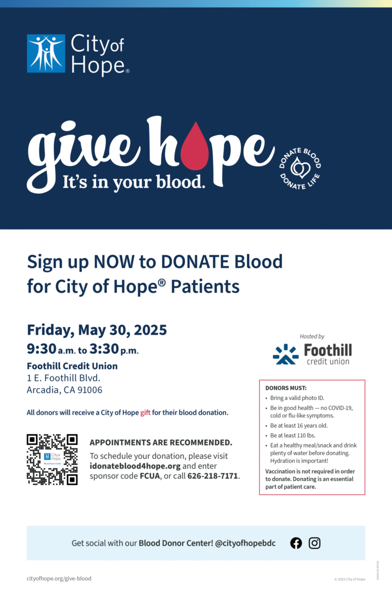 City of Hope and Foothill Credit Union blood drive flyer for May 30