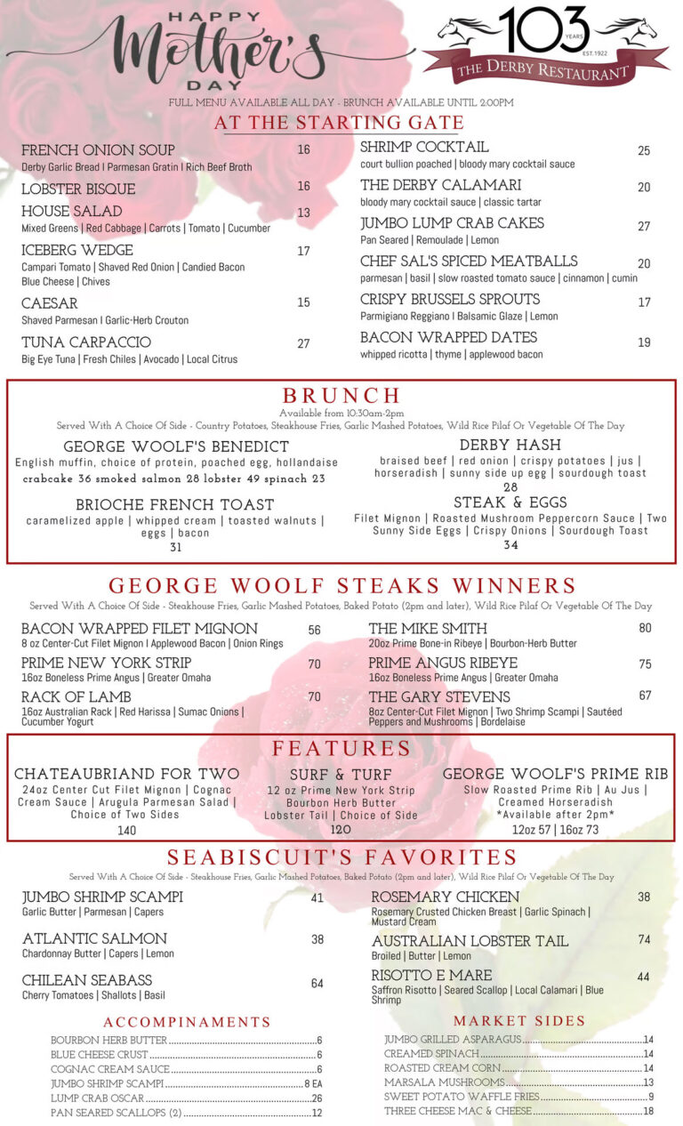mother's day menu from the Derby for 2025