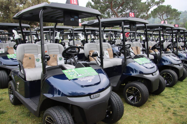 a line of golf carts with the CA Flat Fee logo on them