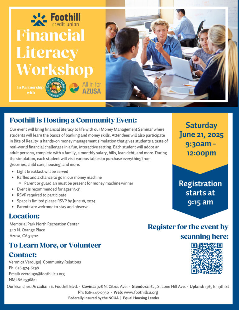 Financial Literacy Workshop flyer with Foothill Credit Union