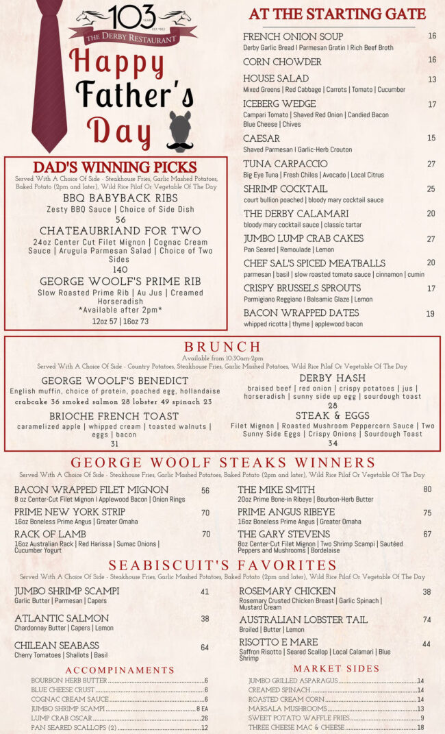 Derby Father's Day menu