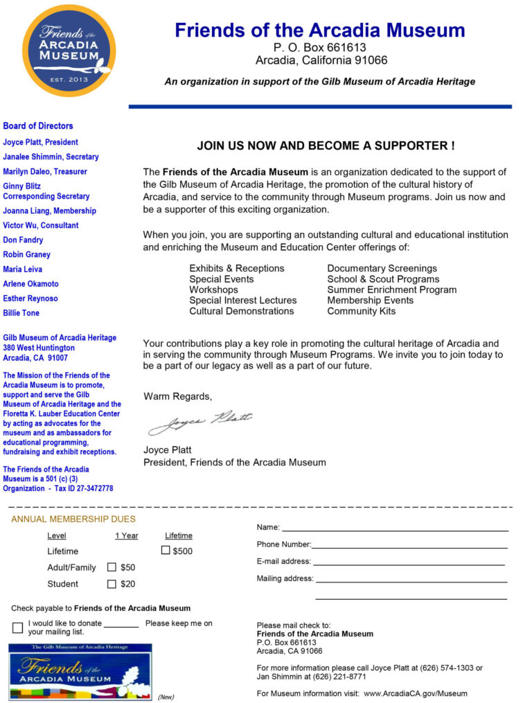 Friends of the Arcadia Museum sign up for for support