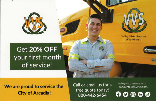 Valley Vista services the City of Arcadia flyer showing VVS employee with VVS truck