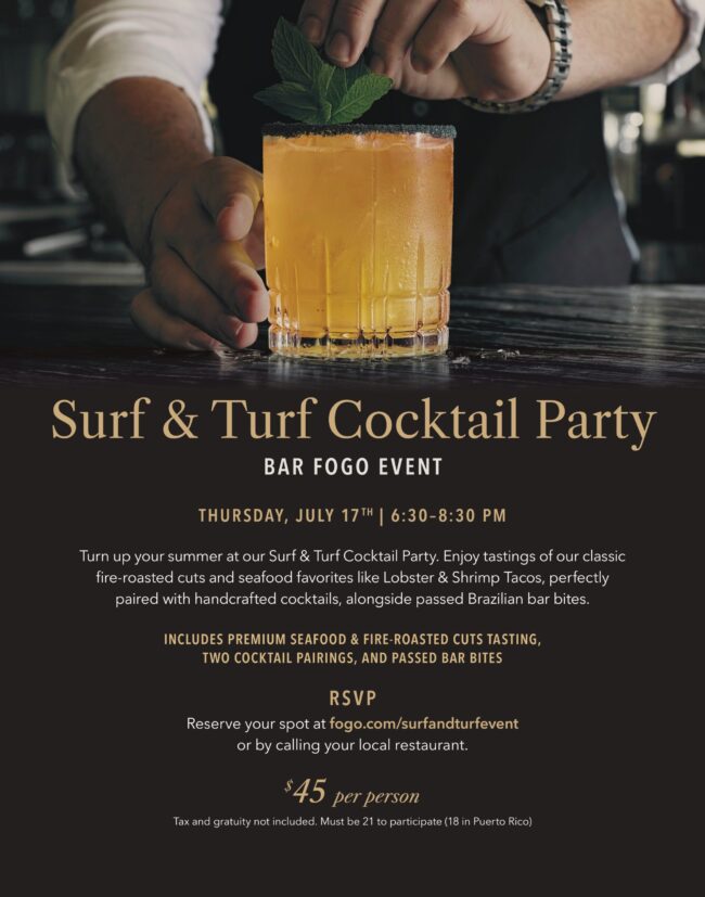 Fogo de Chao July 17th cocktail party flyer showing a bartender's hands placing mint on a yellow colored cocktail