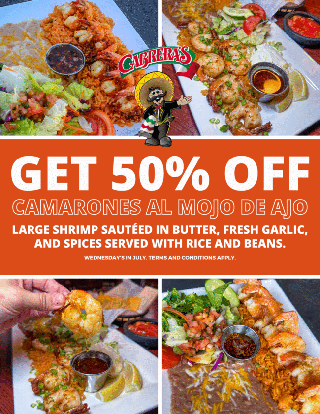 Cabrera's 50% off deal for camarones al mojo de ajo for the month of July