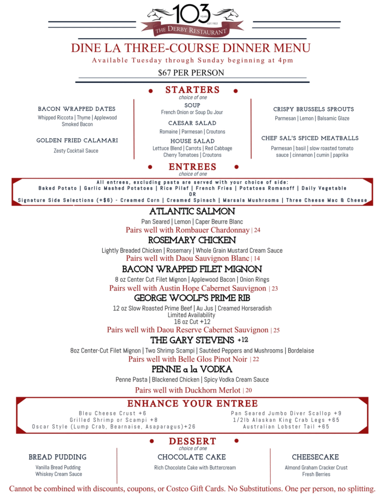 The Derby's Dine LA Menu for dinner