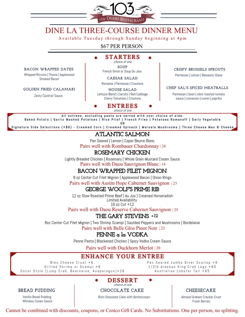 The Derby's Dine LA Menu for dinner