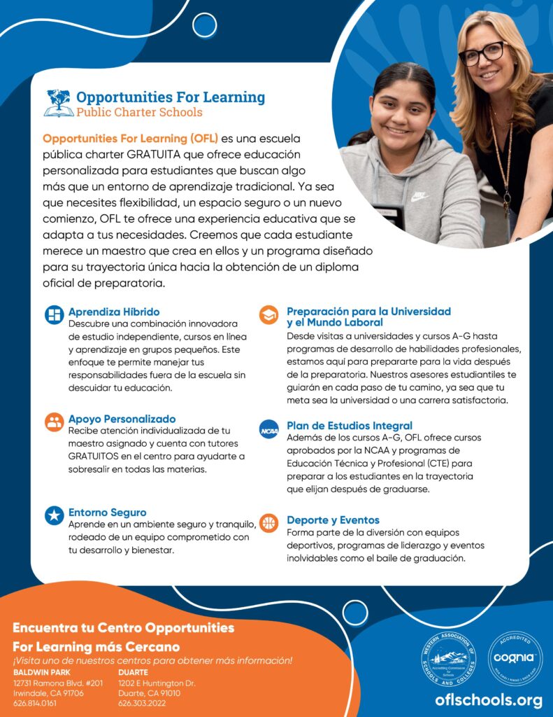 Opportunities for Learning information flyer in Spanish